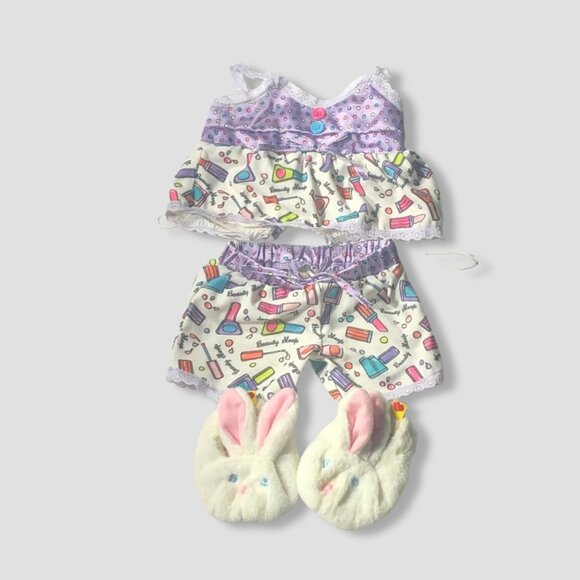 Build-A-Bear Pajama Set "Beauty Sleep" Top Shorts Bunny Slippers Purple/White OS - Picture 1 of 9